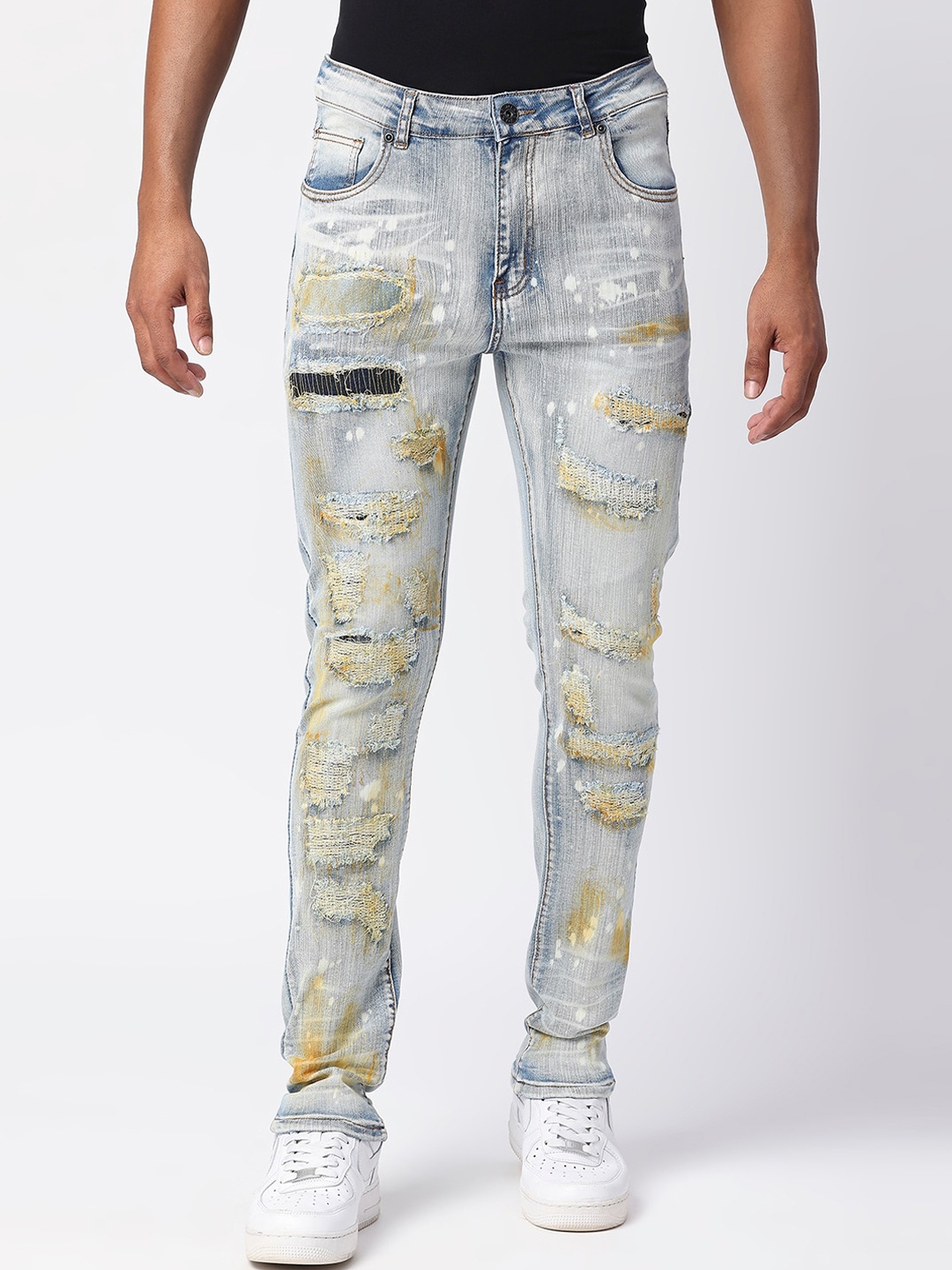 

WAIMEA Men Slim Fit Mid-Rise Highly Distressed Heavy Fade Stretchable Jeans, Blue