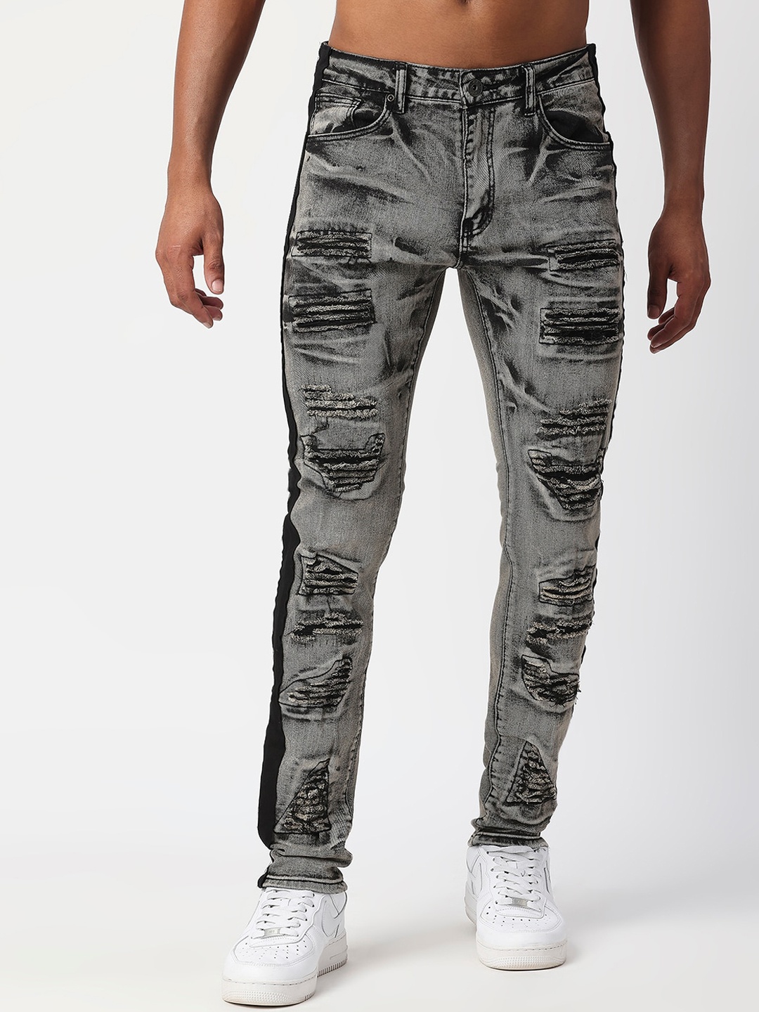 

WAIMEA Men Highly Distressed Heavy Fade Slim Fit Stretchable Jeans, Grey