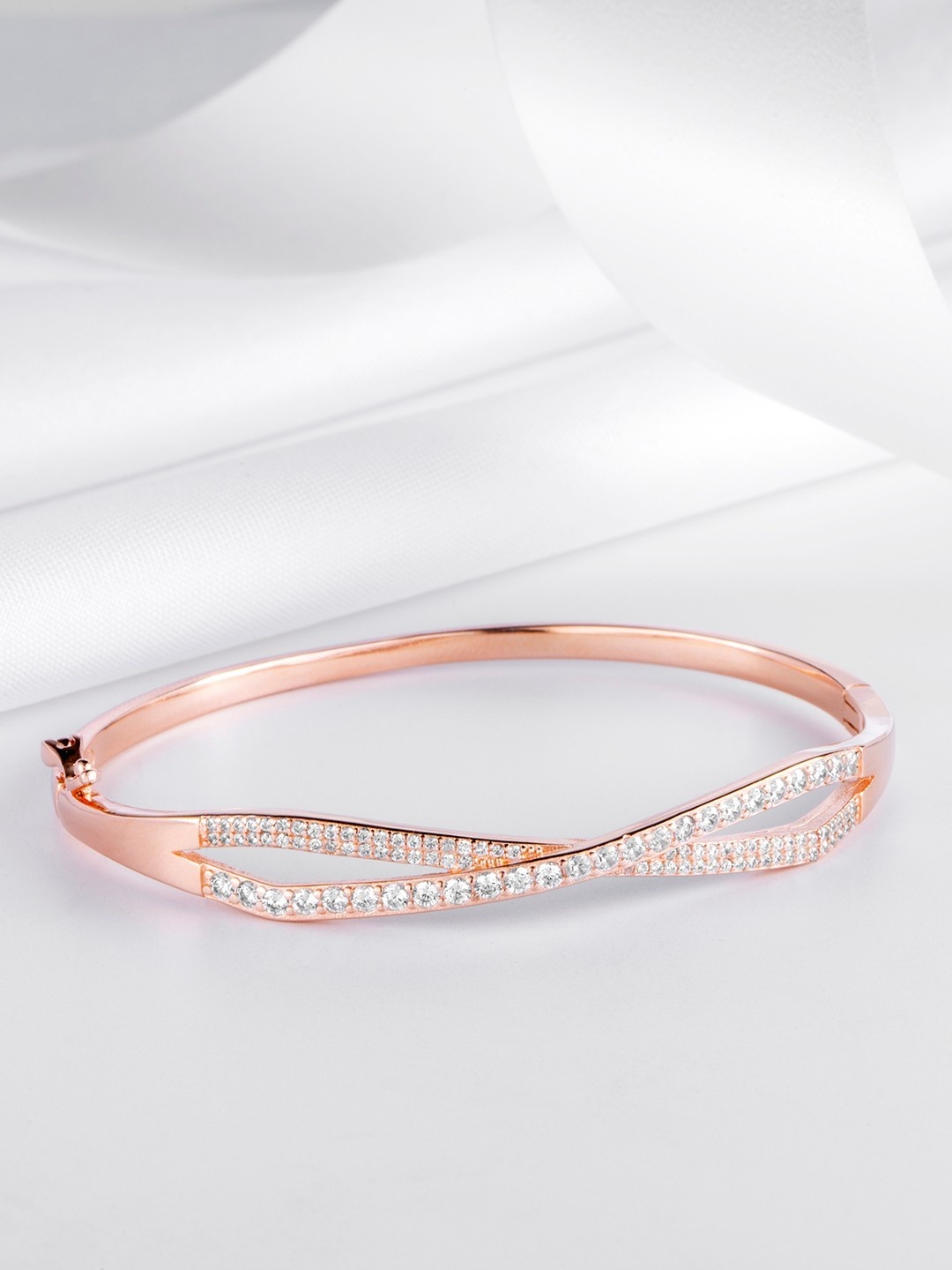 

Zavya Women Silver Cubic Zirconia Rose Gold-Plated Cuff Bracelet
