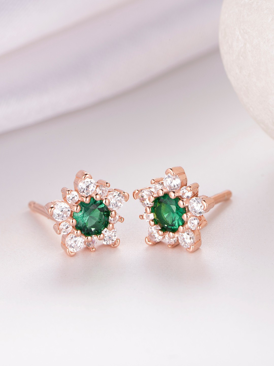 

Zavya Green Rose Gold-Plated Floral Silver Studs Earrings