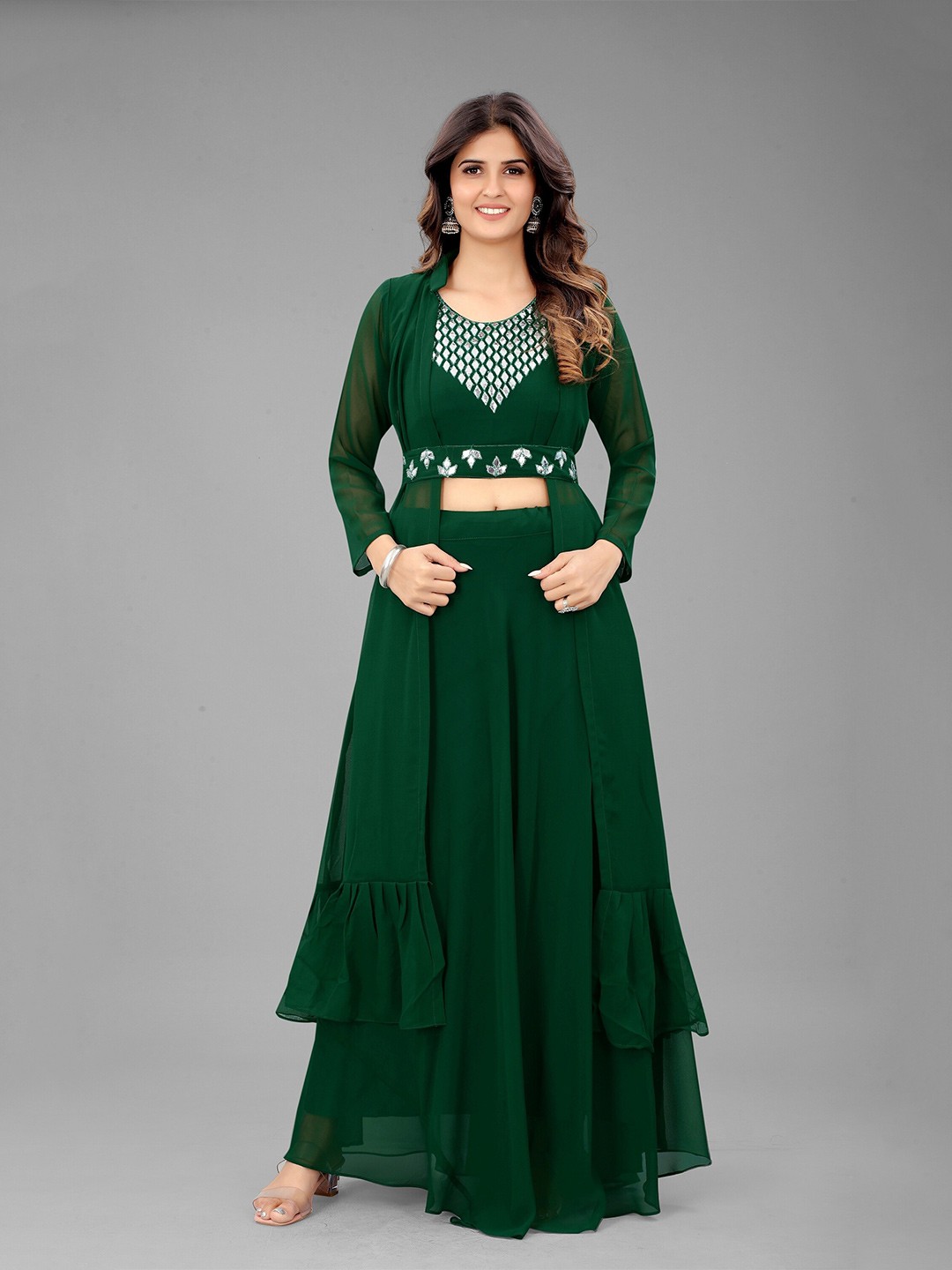 

LABEL D11 Embellished Mirror Work Ready To Wear Lehenga & Semi-Stitched Blouse, Green