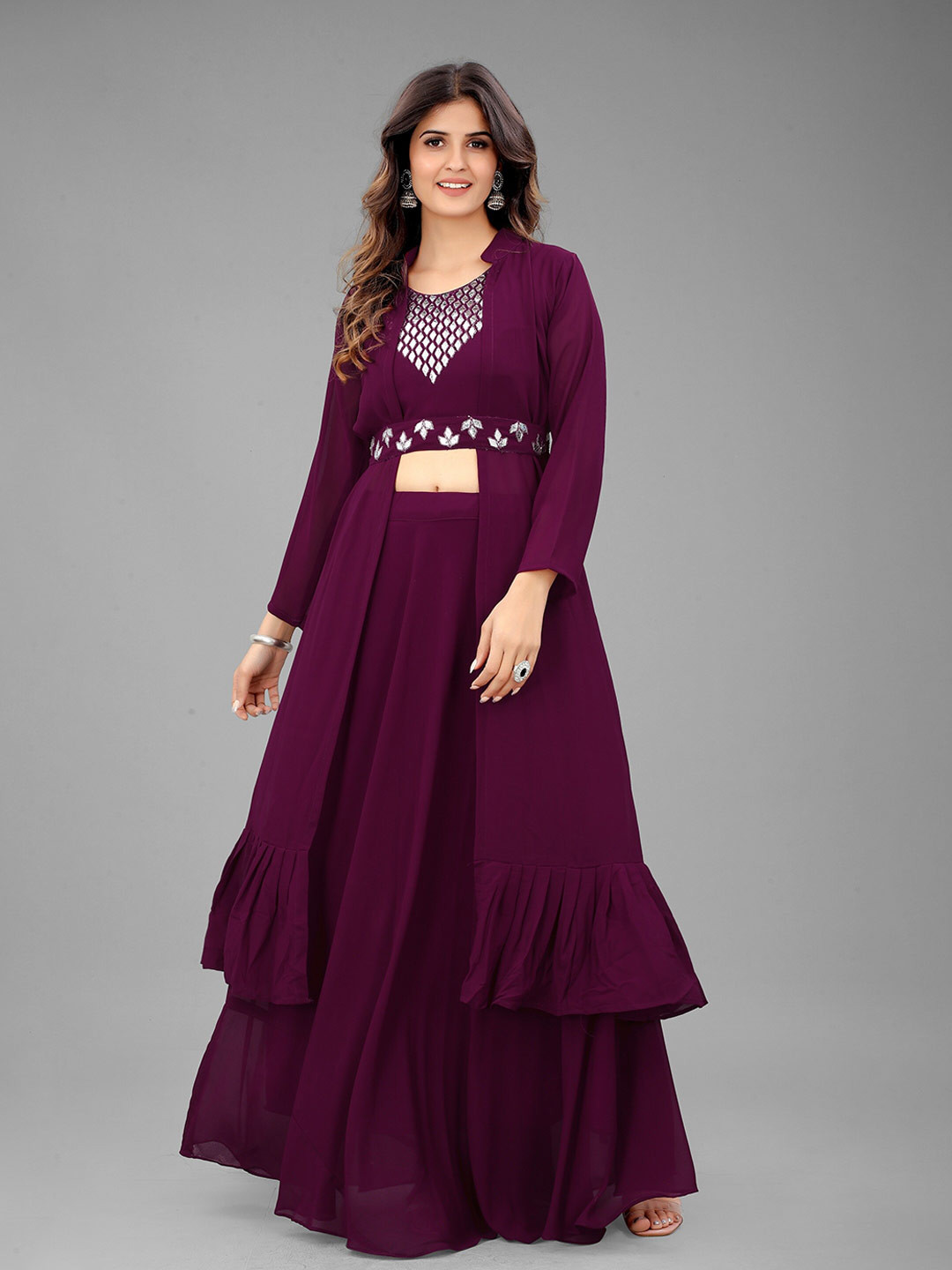 

LABEL D11 Embroidered Mirror Work Ready to Wear Lehenga & Semi-Stitched Blouse, Purple