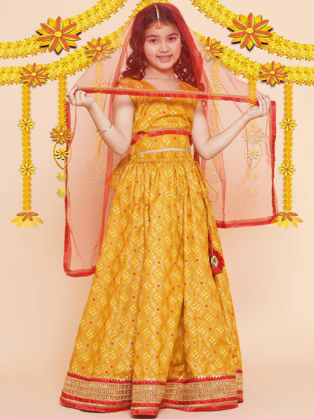 

Bitiya by Bhama Girls Bandhani Printed Gotta Patti Cotton Lehenga & Blouse With Dupatta, Yellow