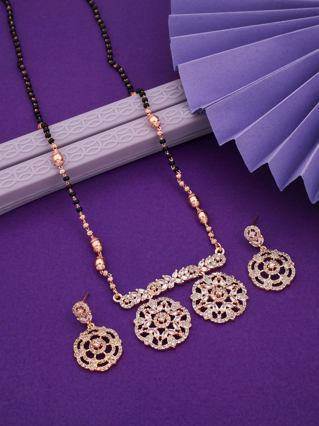 

Vita Bella Gold-Plated Stone-Studded & Beaded Mangalsutra with Earrings