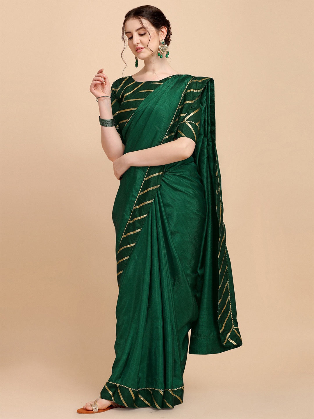 

CLOTHING JUNCTION Printed Border Leheriya Saree, Green