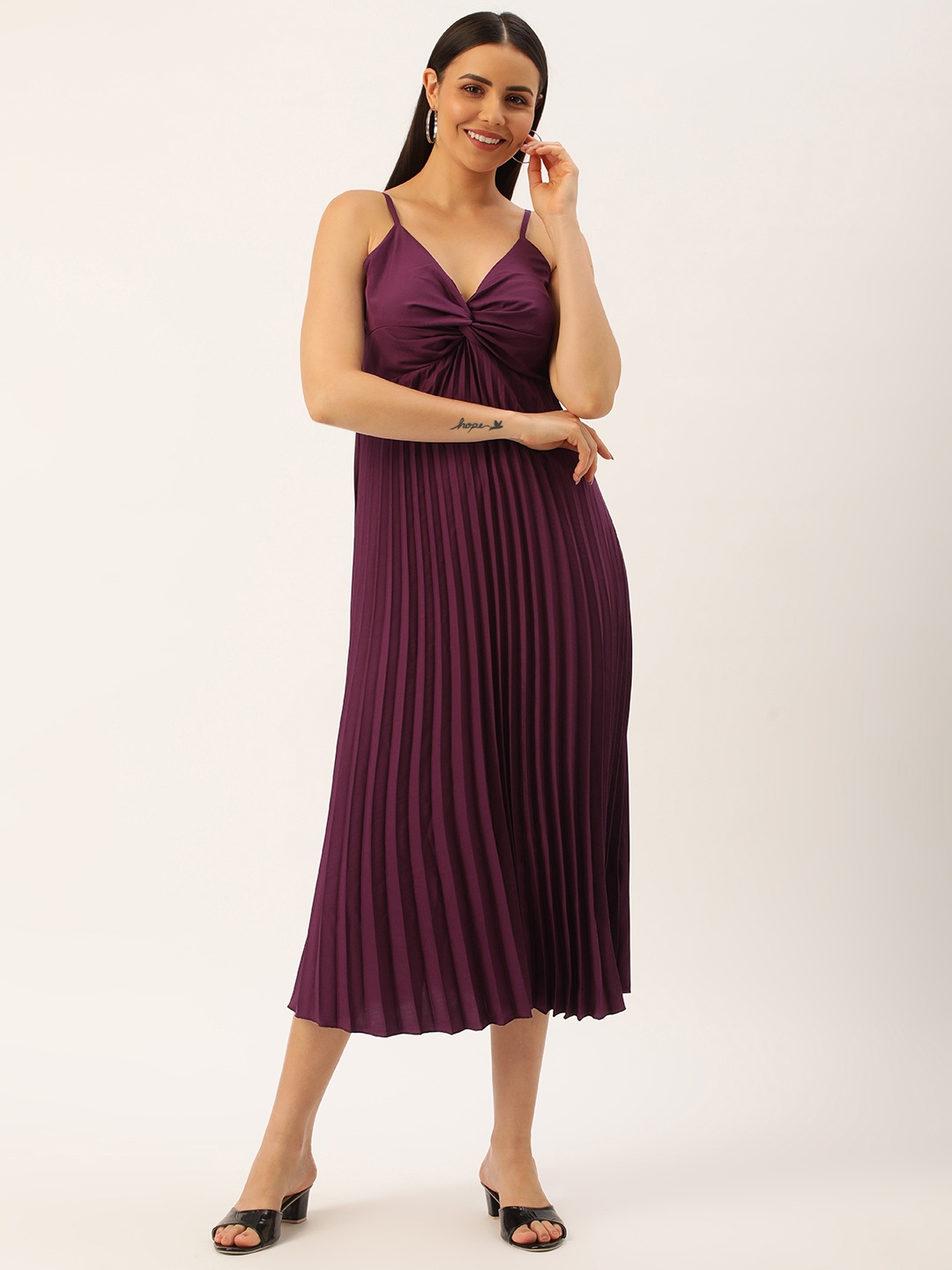 

U&F Crepe Accordion Pleated A-Line Midi Dress, Burgundy