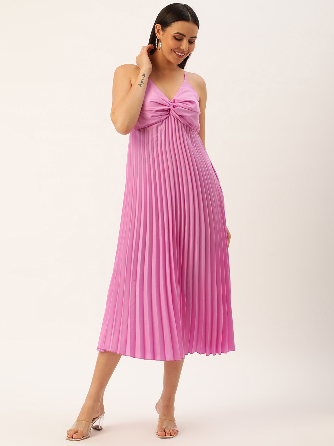 

U&F Crepe Accordion Pleated A-Line Midi Dress, Pink