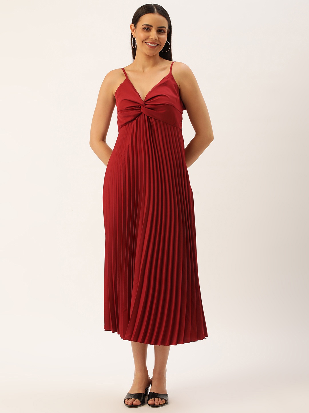 

U&F Crepe Accordion Pleated A-Line Midi Dress, Maroon