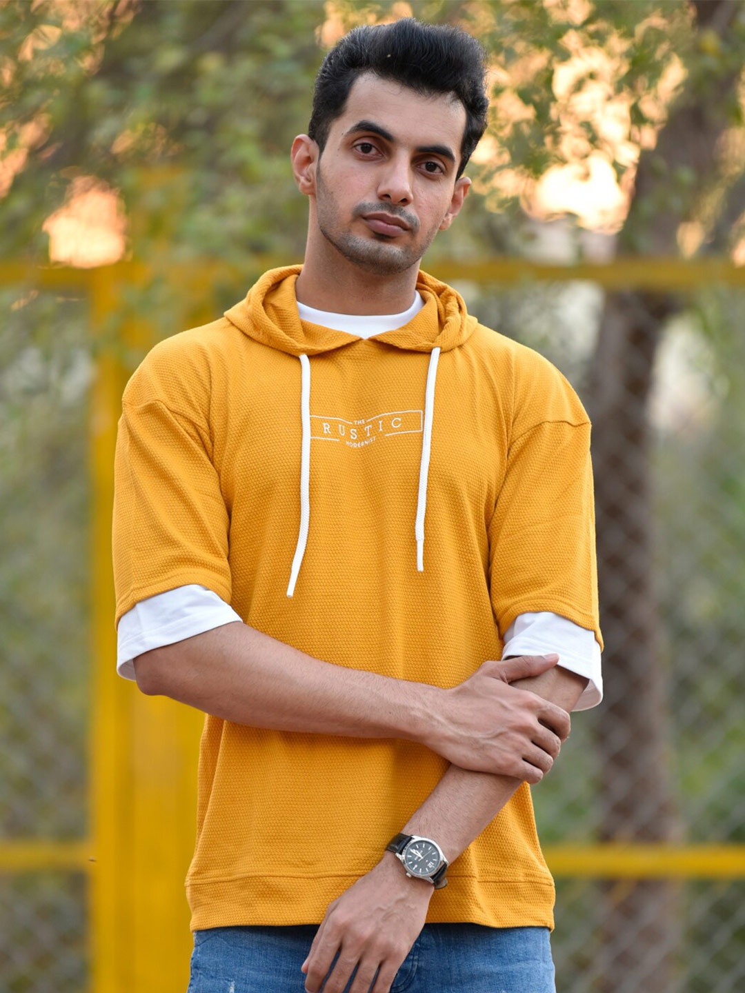 

Powerlook Hooded Short Sleeves Loose Fit T-shirt, Mustard