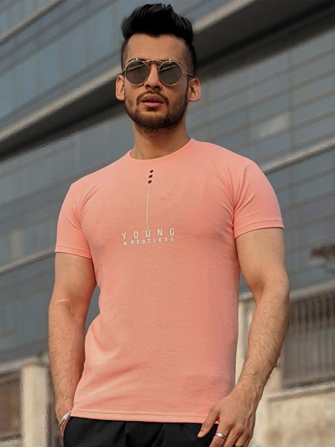 

Powerlook Peach-Coloured Round Neck Short Sleeves T-shirt