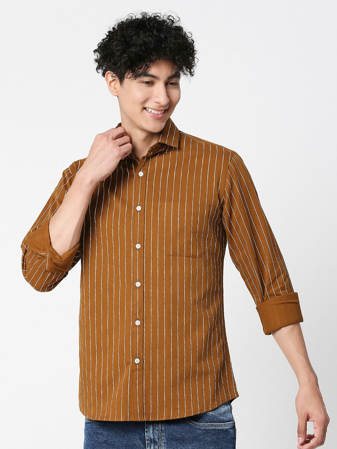 

VALEN CLUB Men Slim Fit Vertical Striped Casual Pure Cotton Shirt, Mustard