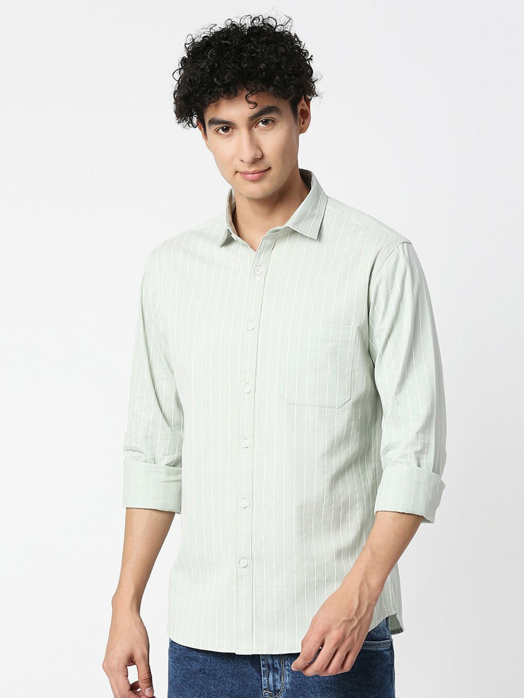 

VALEN CLUB Men Slim Fit Vertical Striped Casual Pure Cotton Shirt, Green