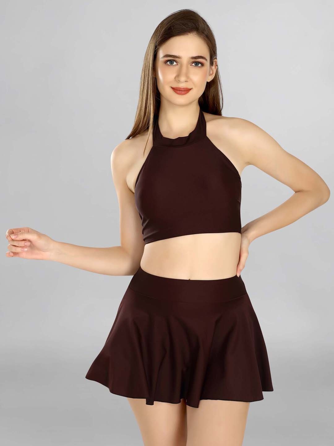 

Addery Women Halter Neck Top & Skirt Swim Set, Maroon