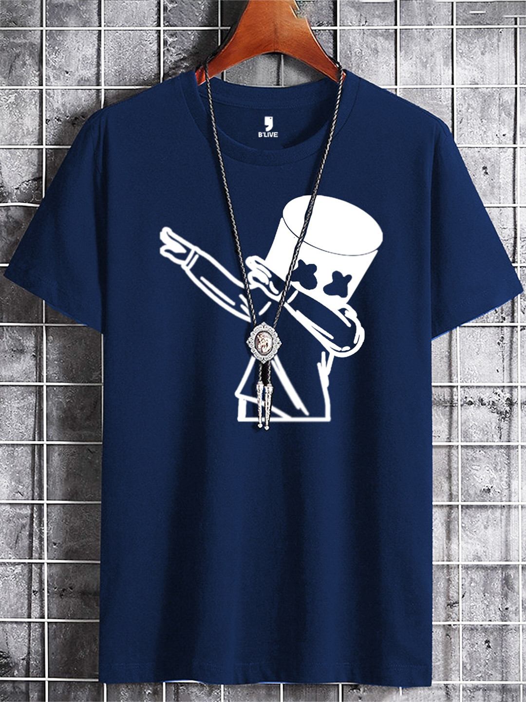 

BLIVE Graphic Printed Round Neck Cotton Longline T-shirt, Navy blue