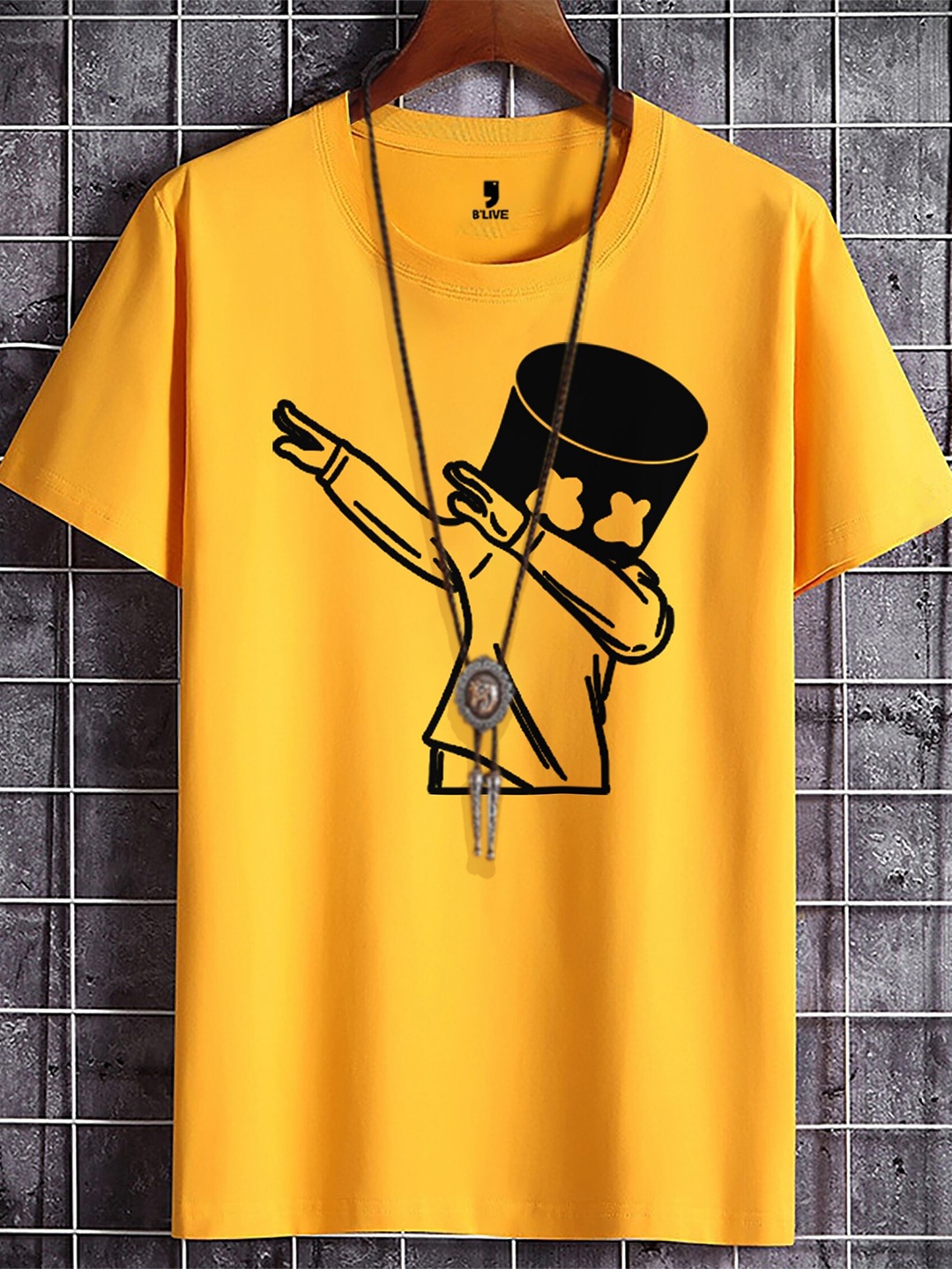 

BLIVE Graphic Printed Round Neck Cotton Longline T-shirt, Yellow