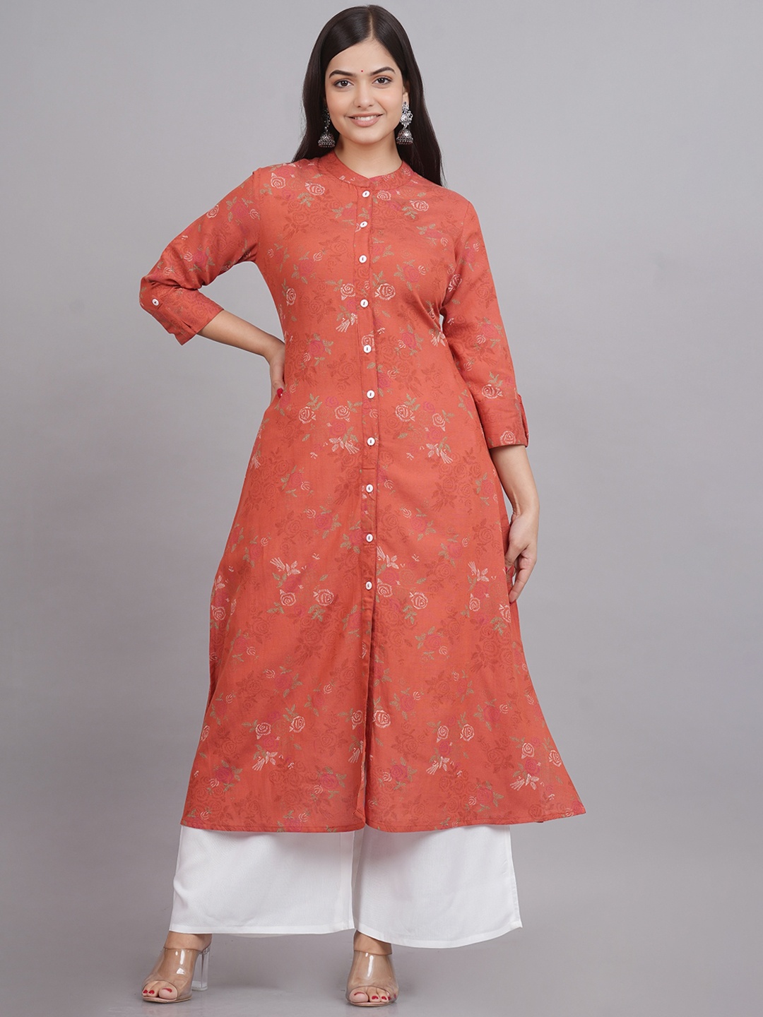 

SkyaSia Floral Printed Mandarin Collar Cotton A-Line Kurta, Orange