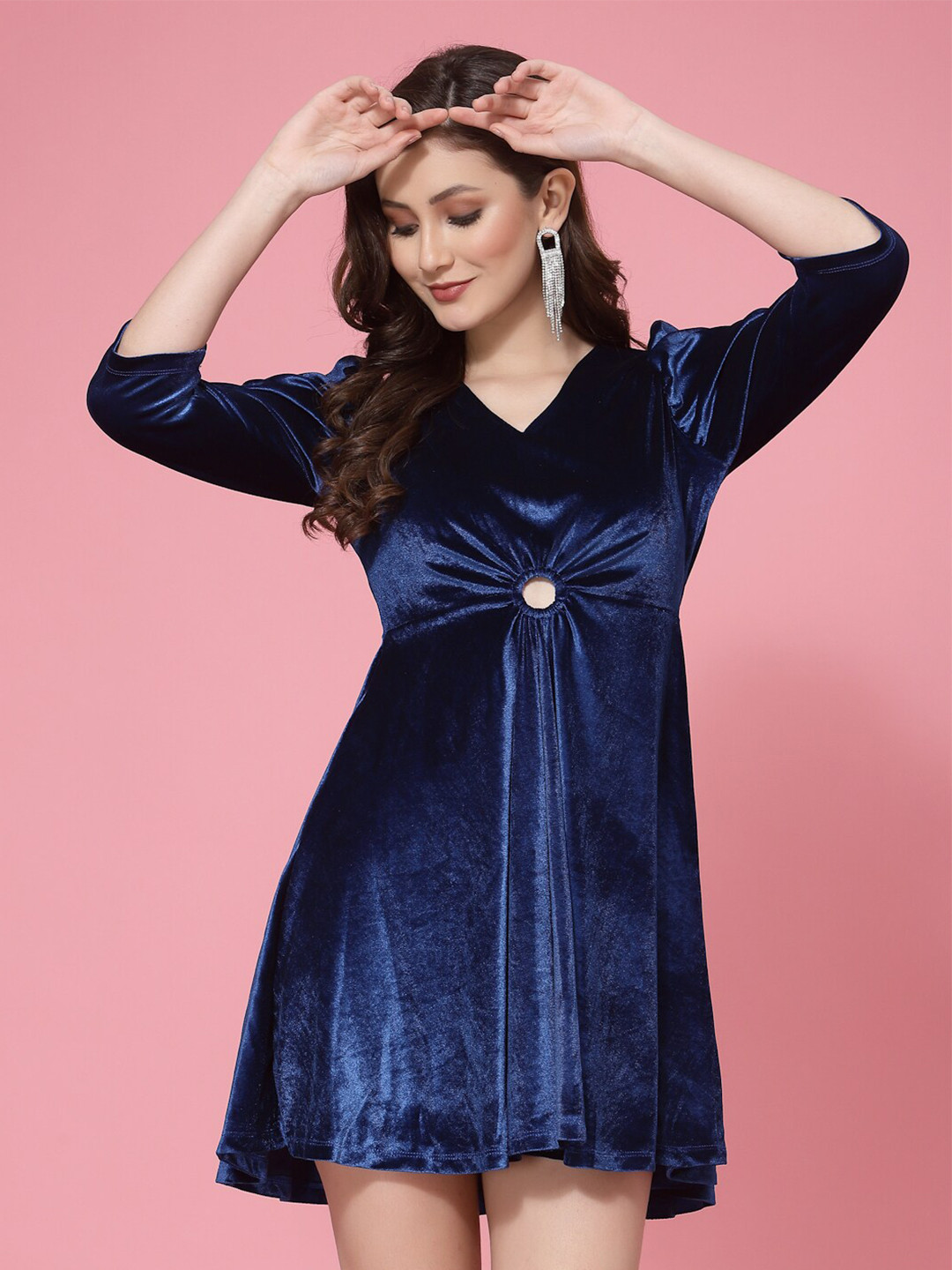 

KASSUALLY Puff Sleeve Velvet Fit & Flare Dress, Blue