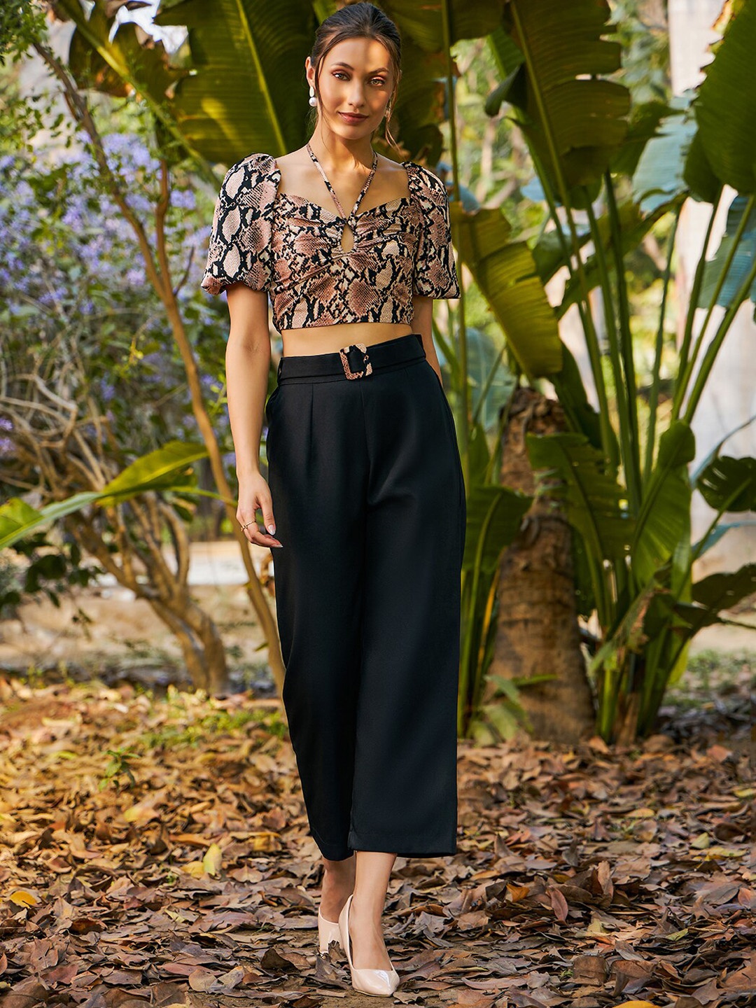 

KASSUALLY Black & Peach Coloured Printed Smocked Detail Crop Top & Trouser Co-Ords