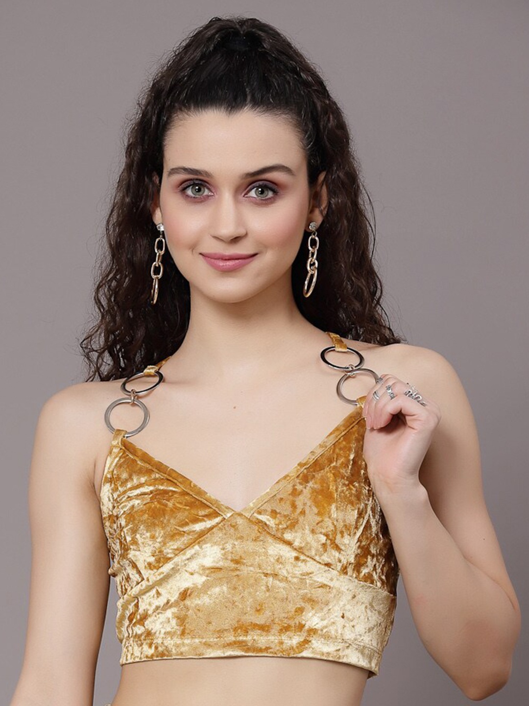 

KASSUALLY Self Design Velvet Bralette Crop Top, Gold