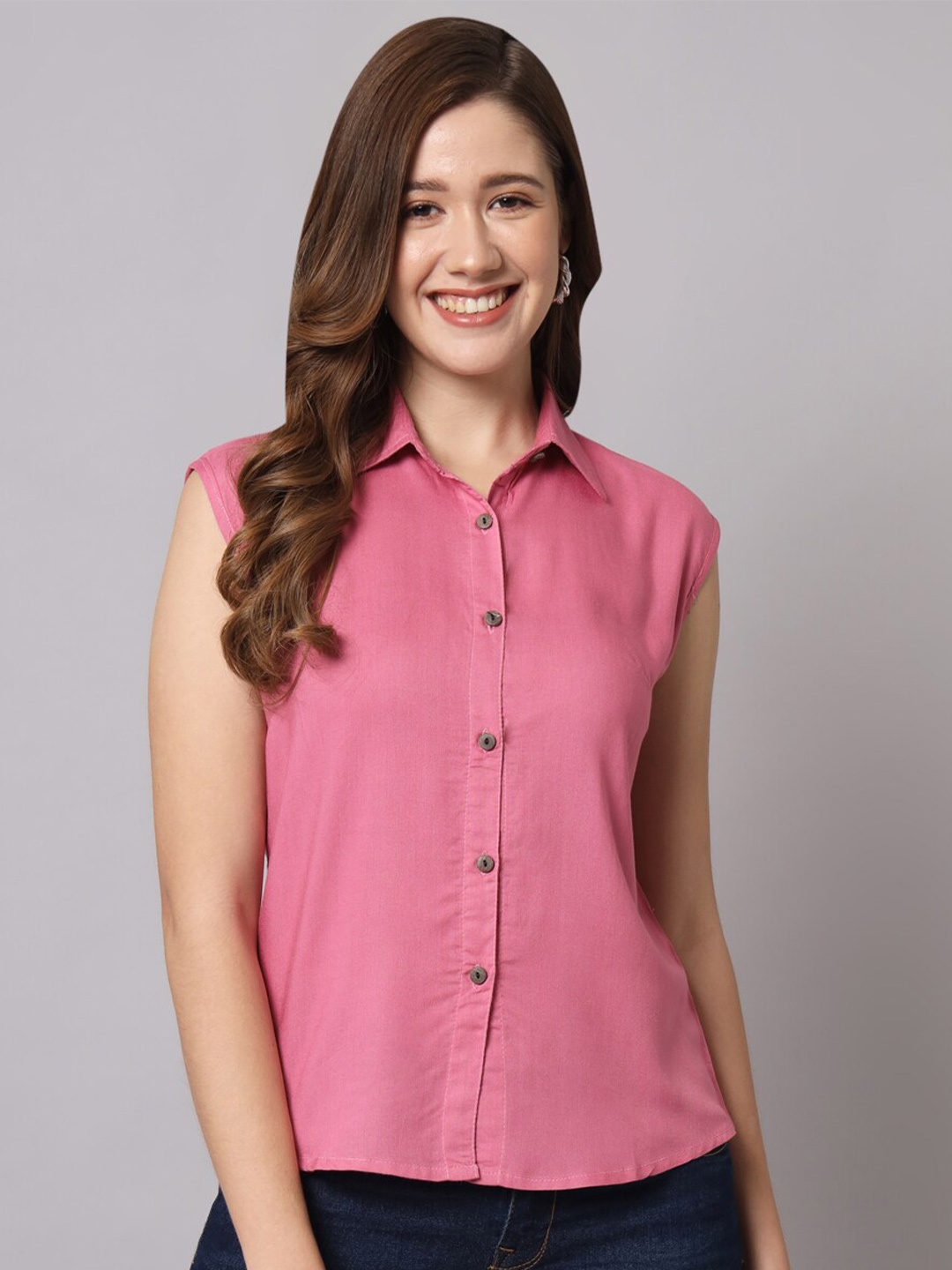 

Funday Fashion Spread Collar Sleeveless Casual Shirt, Pink