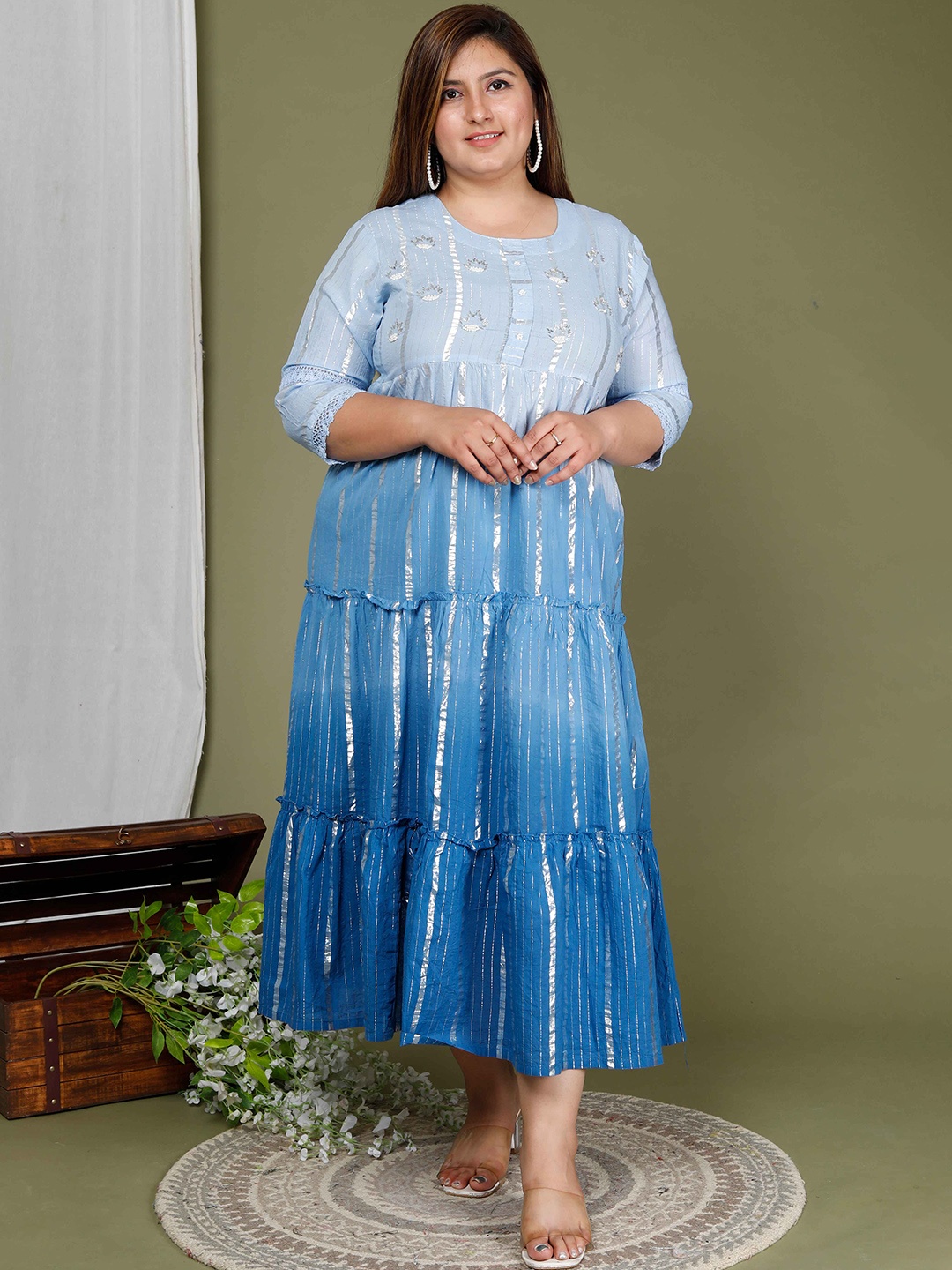 

MIRAVAN Striped Sequinned Ethnic Dress, Blue