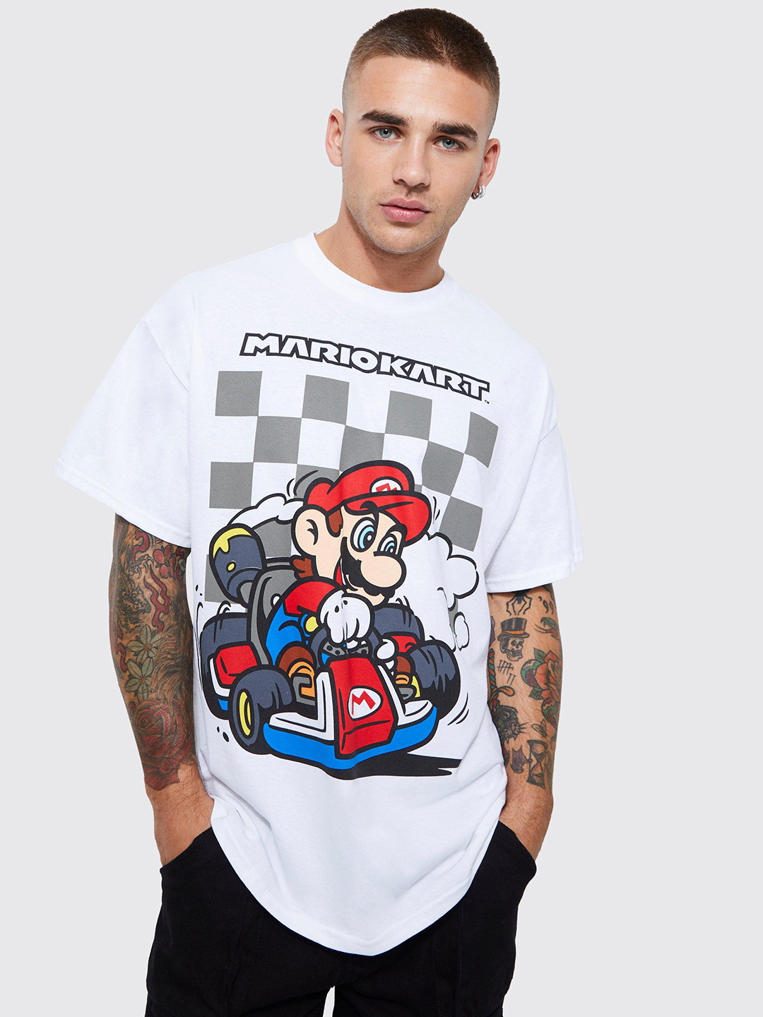 

boohooMAN Oversized Super Mario Printed Pure Cotton T-shirt, White