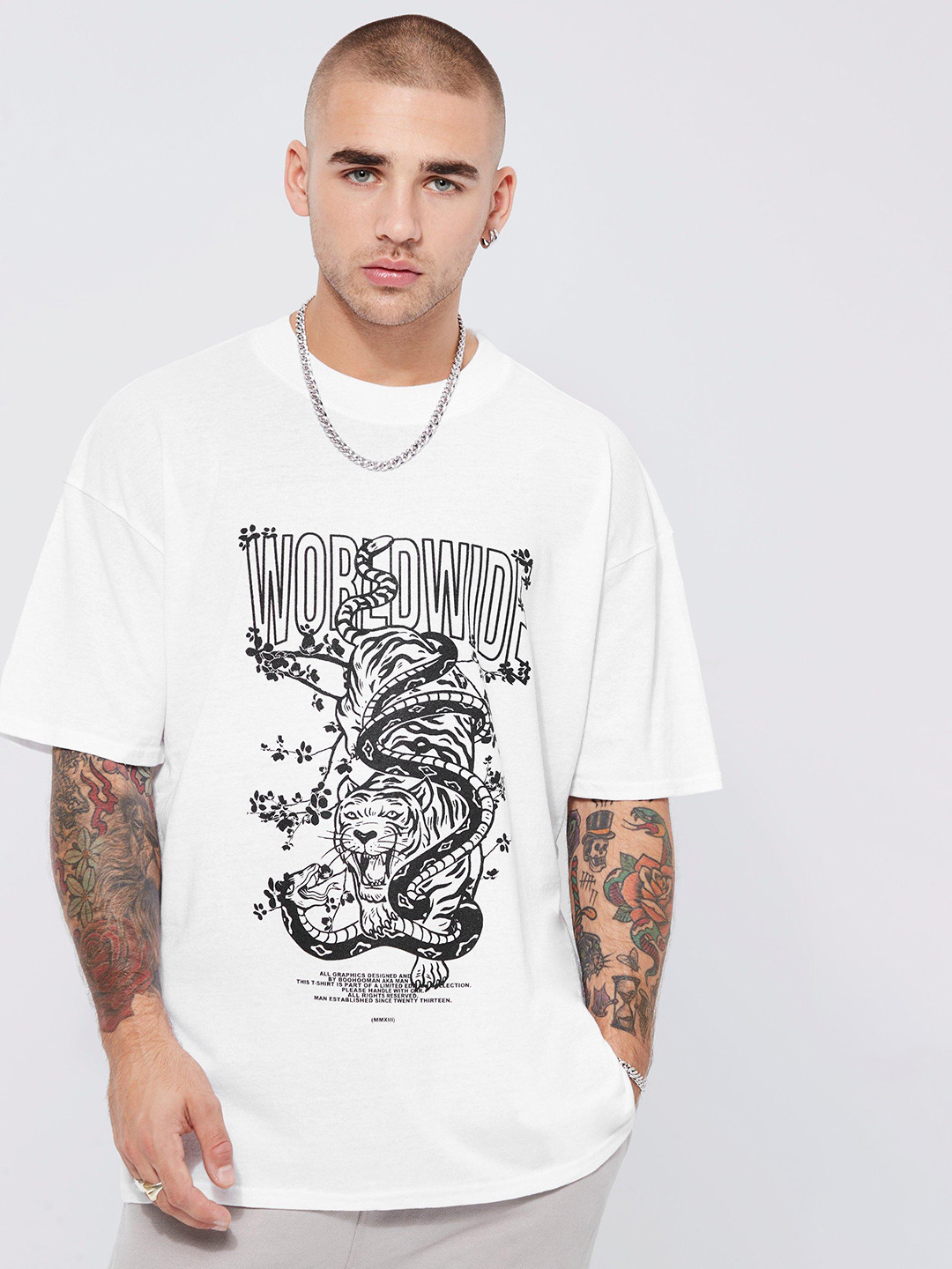 

boohooMAN Printed Pure Cotton T-shirt, White