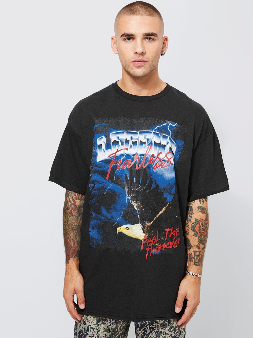 

boohooMAN Typography Printed Drop-Shoulder Sleeves Pure Cotton Oversized T-shirt, Black