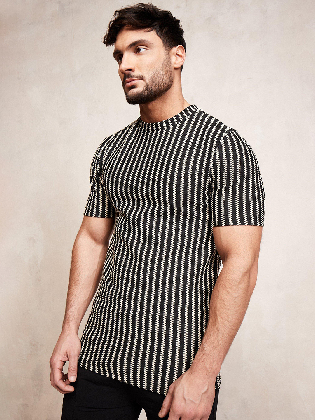

boohooMAN Muscle Fit Jacquard Striped T-shirt, Black
