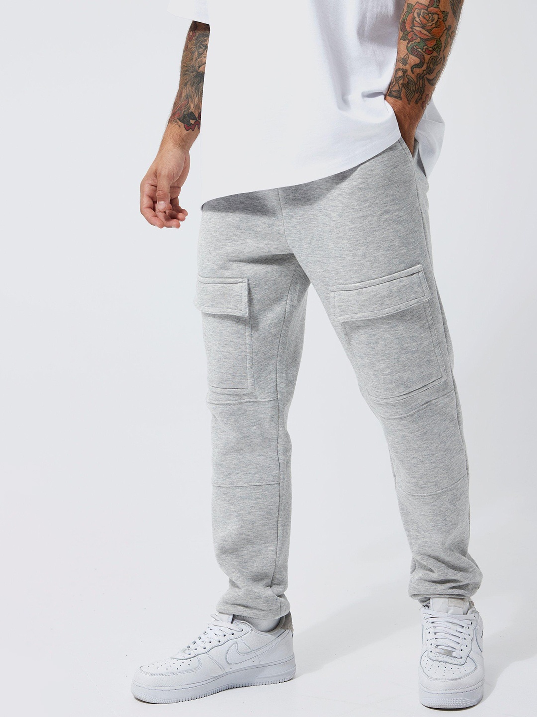 

boohooMAN Fleece Slim Fit Cargo Style Jogger, Grey melange