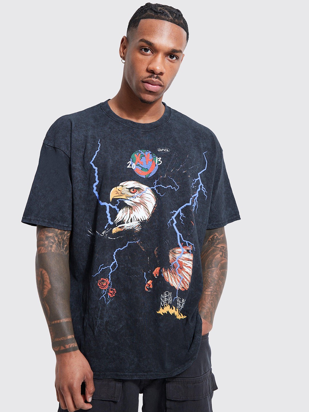 

boohooMAN Oversized Graphic Printed Pure Cotton T-shirt, Blue
