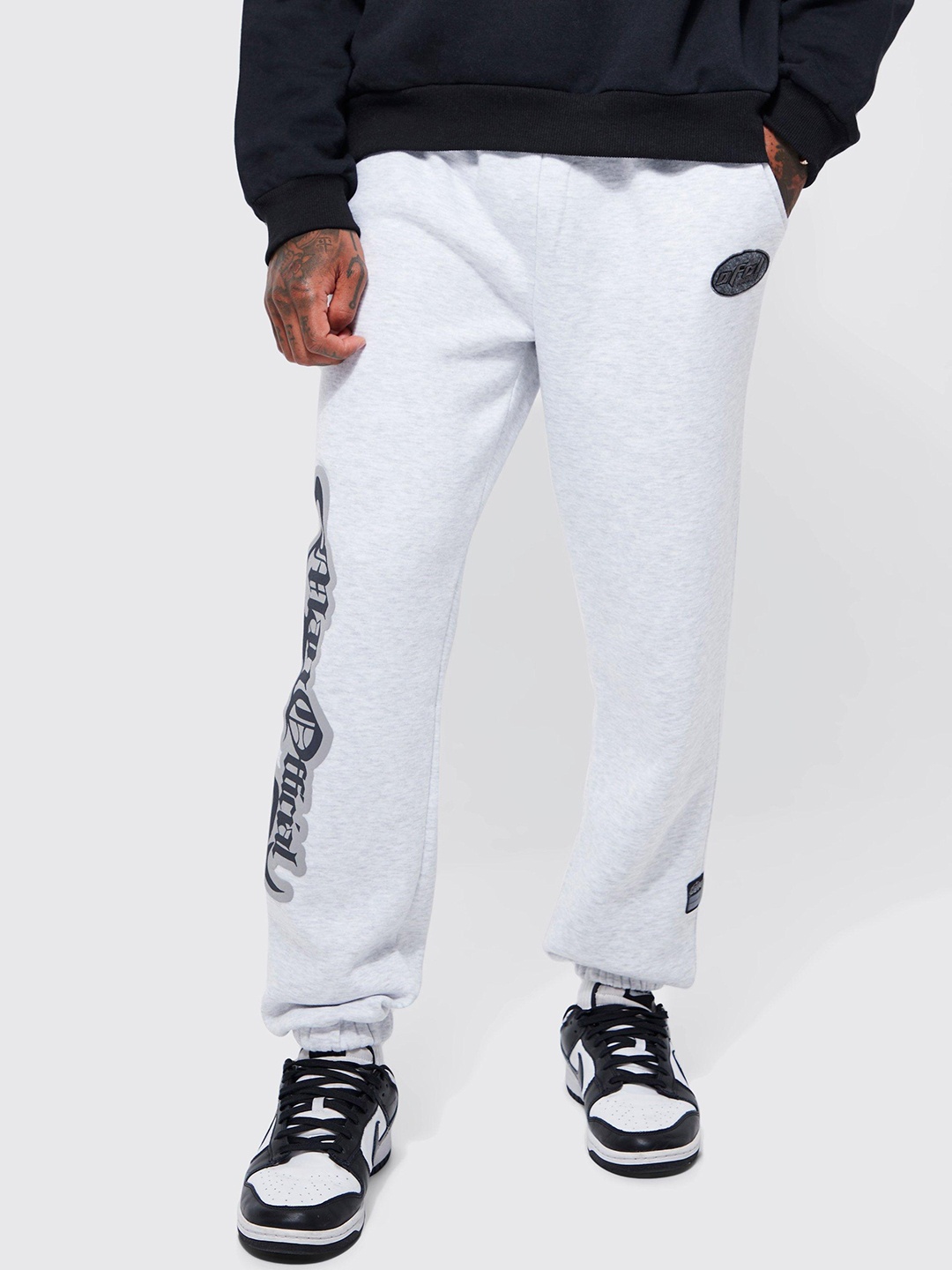 

boohooMAN Varsity Printed Fleece Joggers, Grey melange