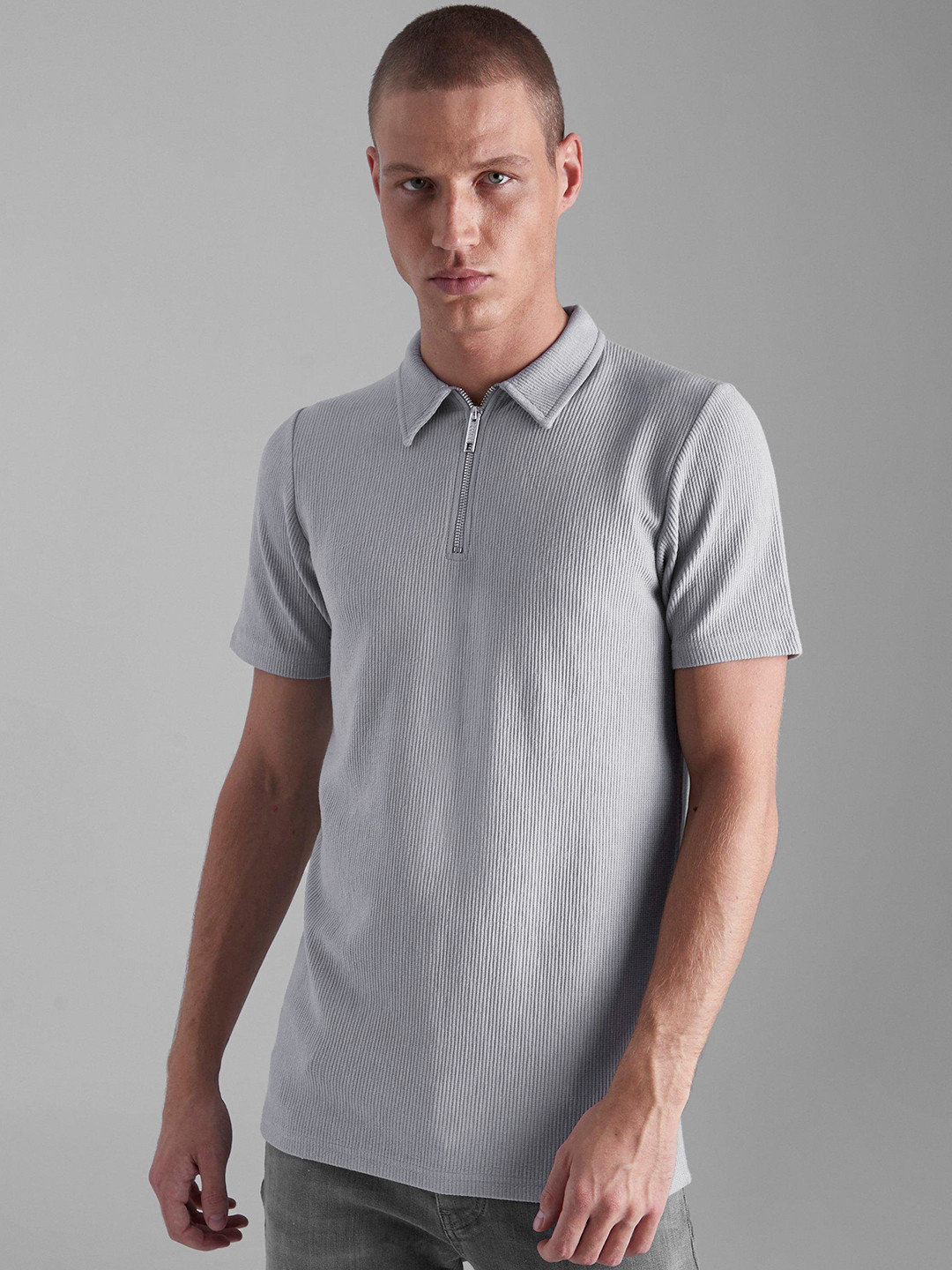 

boohooMAN Ribbed Polo Collar Slim Fit T-shirt, Grey