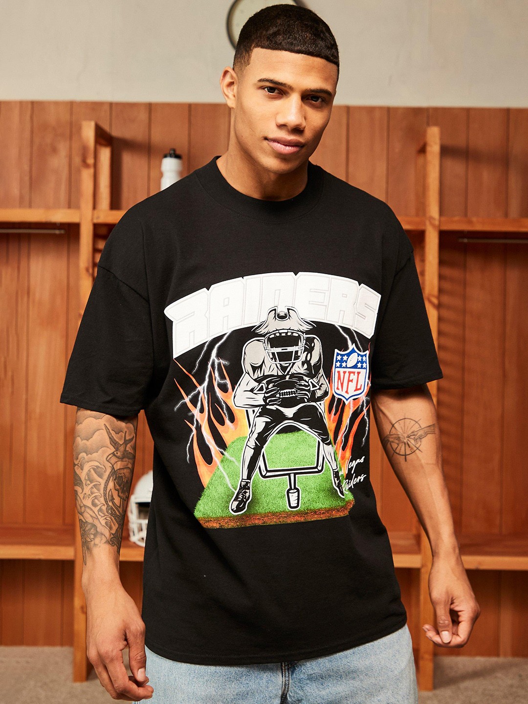 

boohooMAN Printed Drop-Shoulder Sleeves Pure Cotton T-shirt, Black