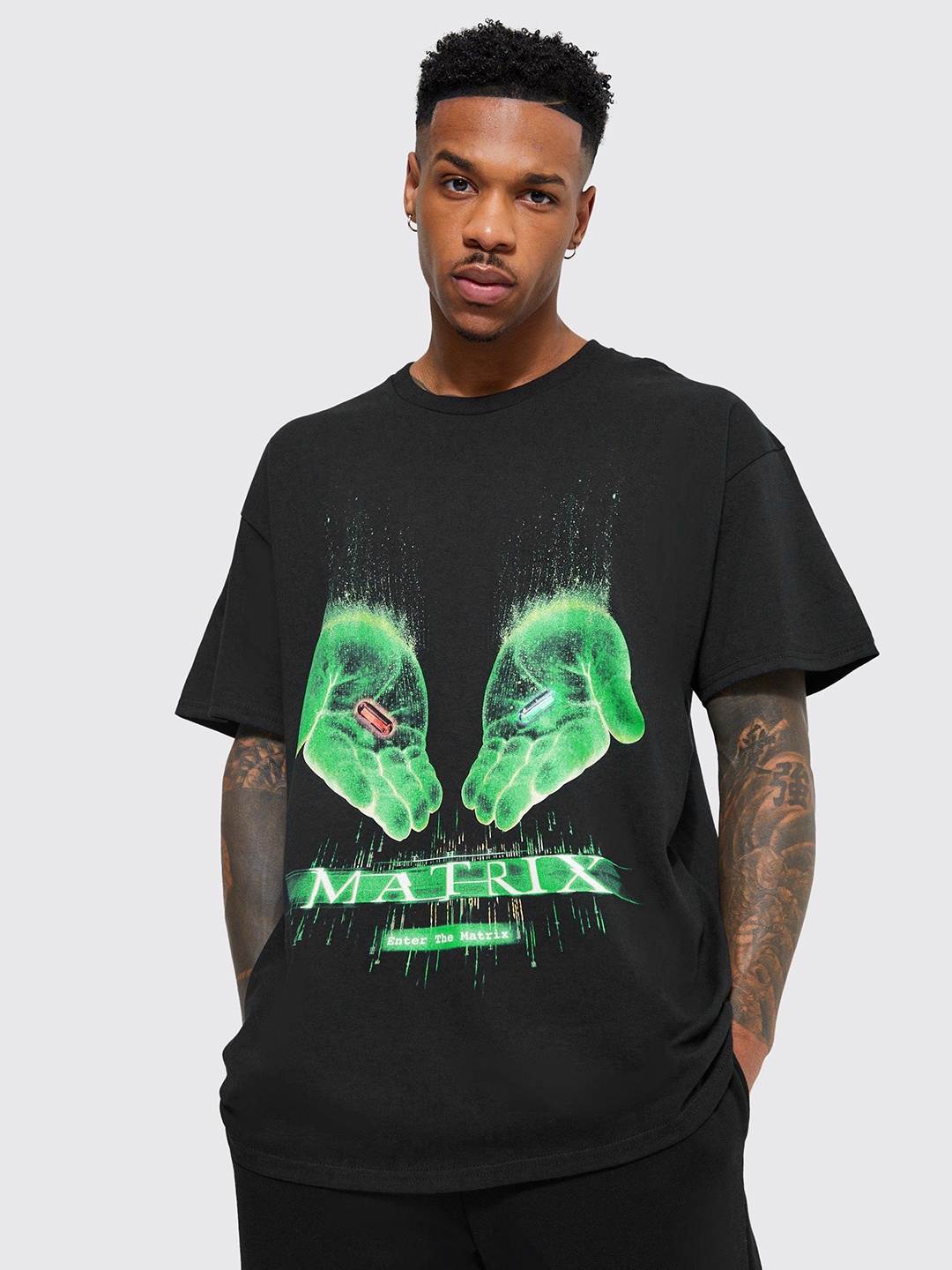 

boohooMAN Oversized The Matrix Printed Pure Cotton T-shirt, Navy blue