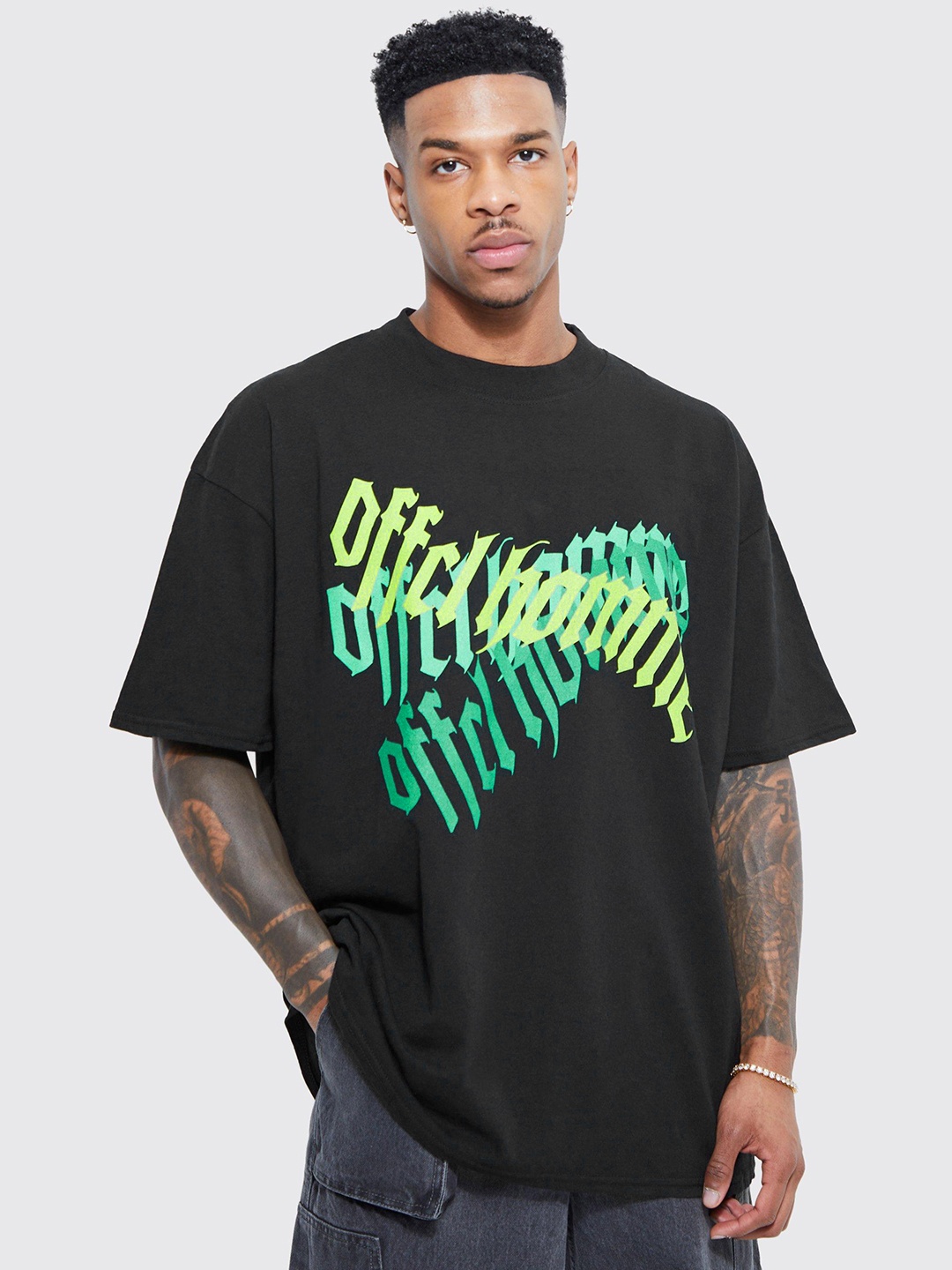 

boohooMAN Offcl Homme Printed Drop-Shoulder Sleeves Oversized T-shirt, Black