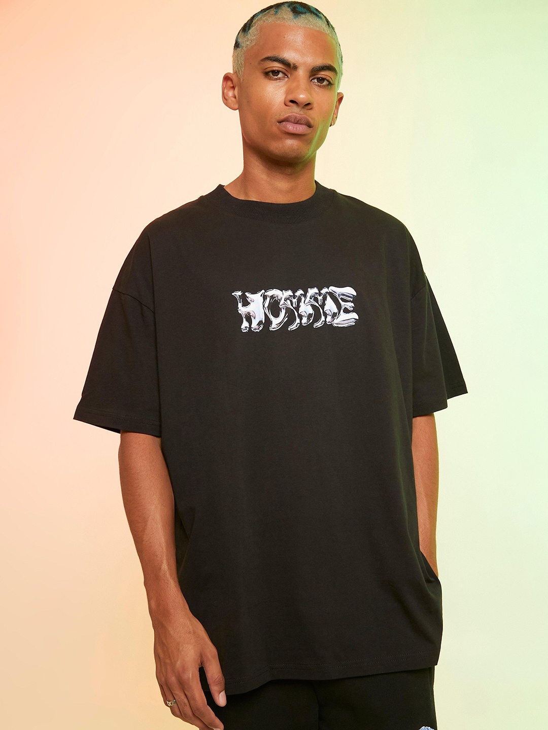 

boohooMAN Typography Printed Drop-Shoulder Sleeves Cotton Oversized T-shirt, Black