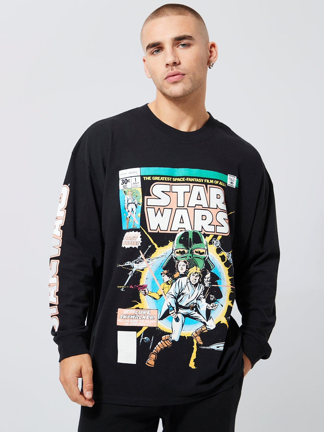 

boohooMAN Star Wars Printed Pure Cotton Oversized T-shirt, Black