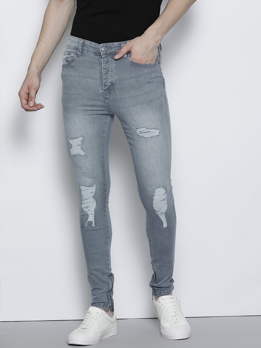 

boohooMAN Men Grey Skinny Fit Highly Distressed Light Fade Stretchable Jeans