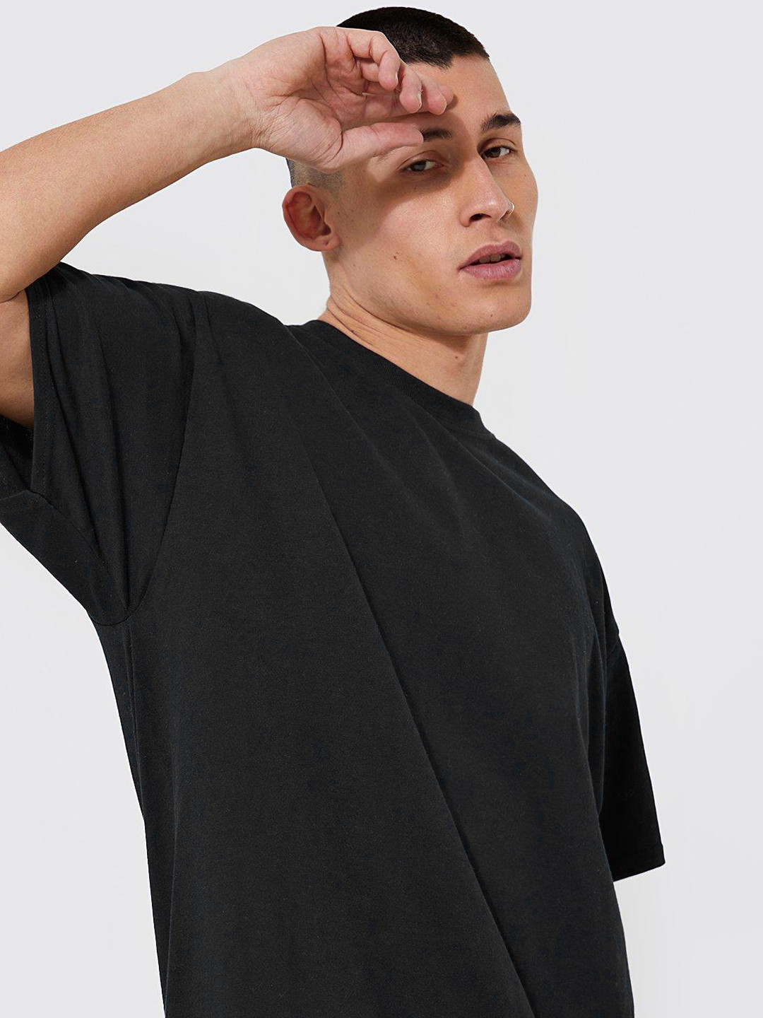 

boohooMAN Graphic Printed Back Oversized Pure Cotton T-shirt, Navy blue