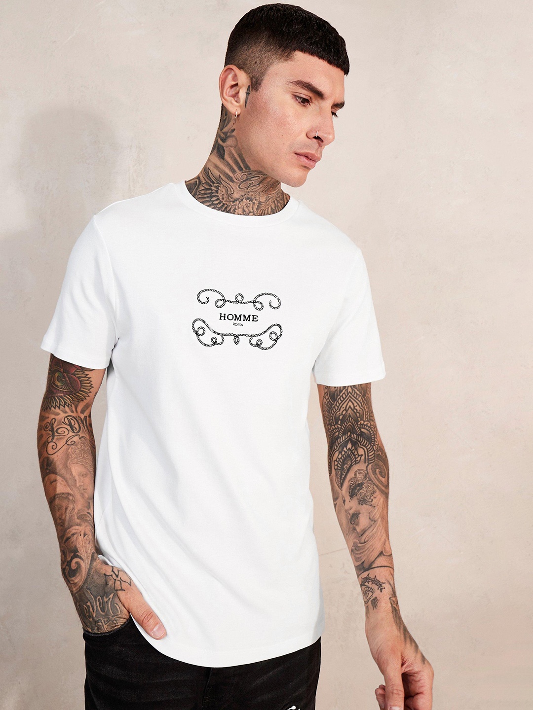 

boohooMAN Men Typography Embroidered Pure Cotton Slim Fit T-shirt, White