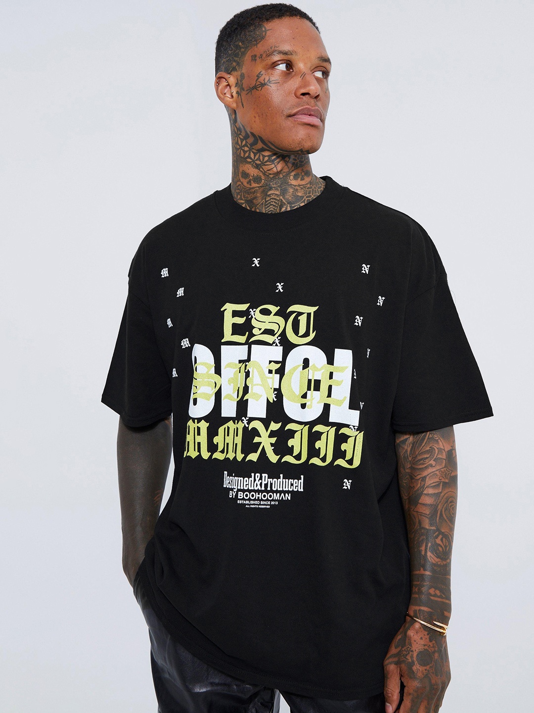 

boohooMAN Oversized Drop-Shoulder Sleeves Printed Pure Cotton T-shirt, Black