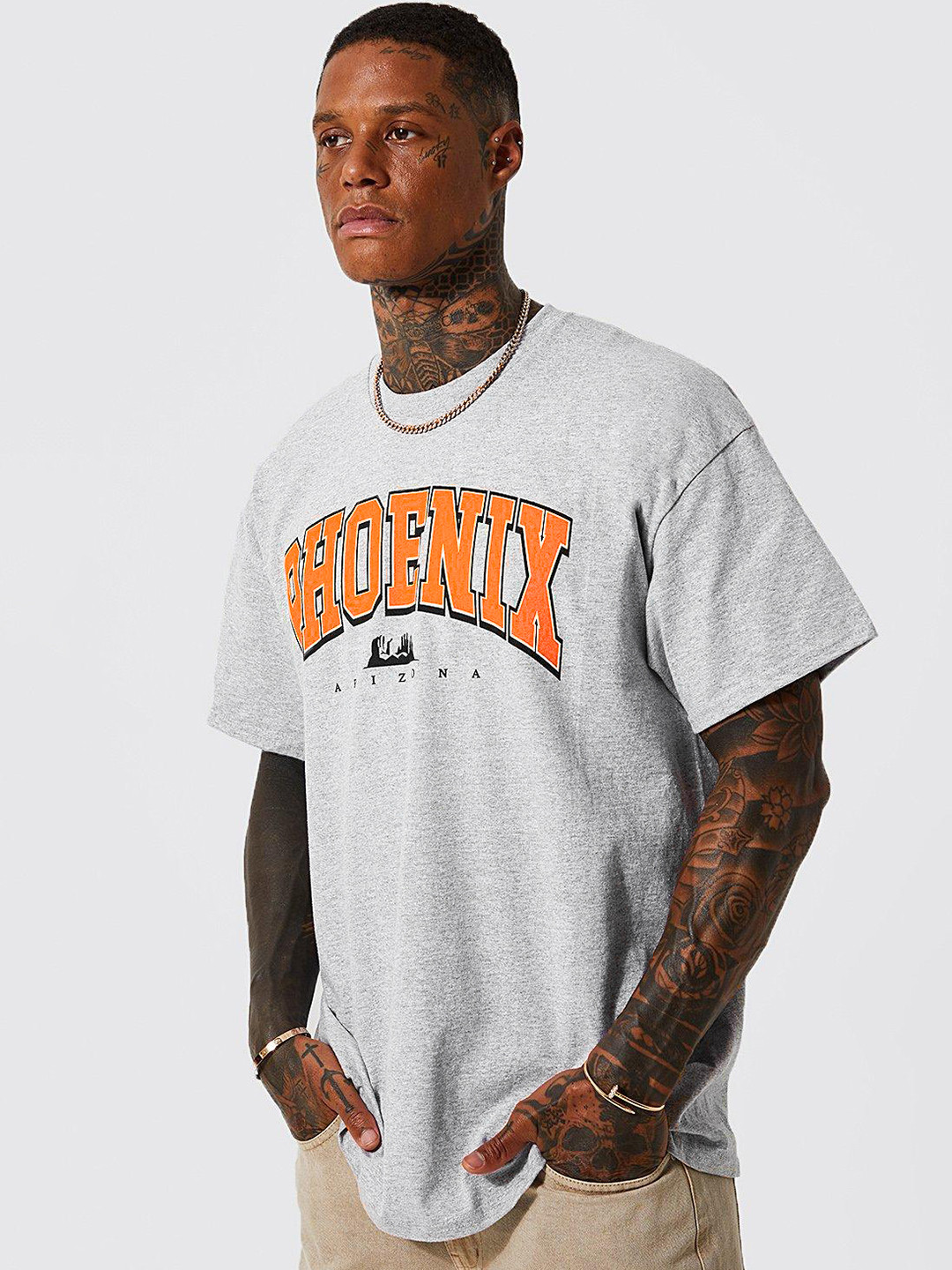 

boohooMAN Typography Printed Oversized Pure Cotton T-shirt, Grey melange