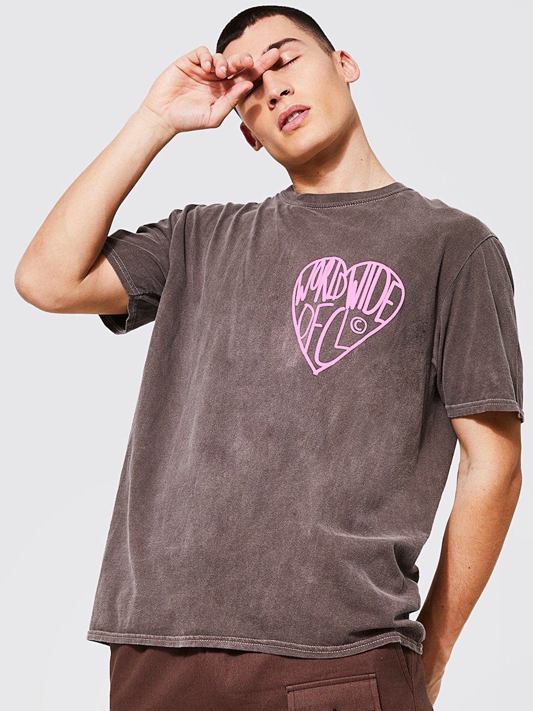 

boohooMAN Typography Printed Drop-Shoulder Sleeves Oversized T-shirt, Taupe