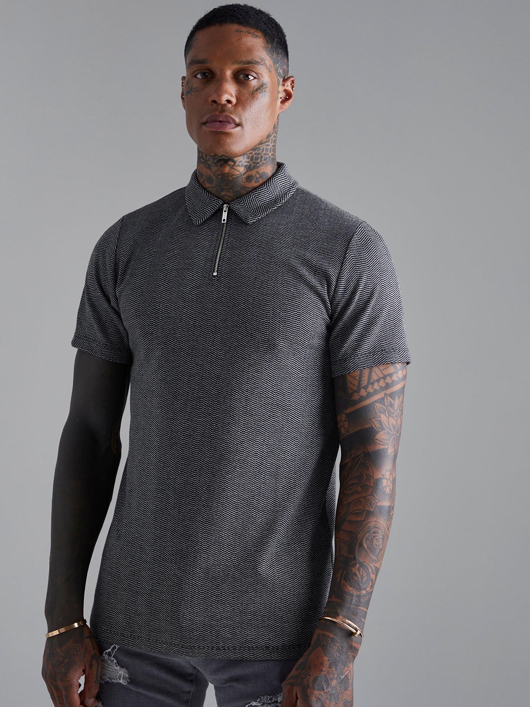 

boohooMAN Men Black Striped Polo Collar T-shirt
