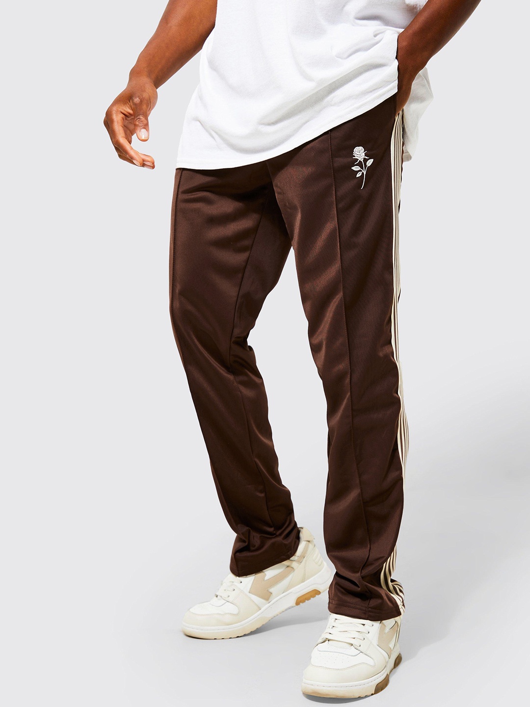 

boohooMAN Cotton Embroidered Tricot Side Striped Track Pants, Brown