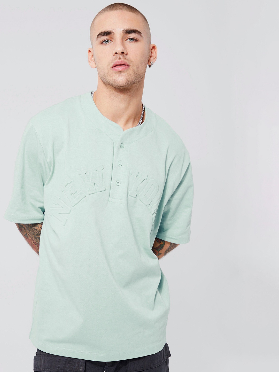 

boohooMAN Oversized Typography Embossed Pure Cotton T-shirt, Blue