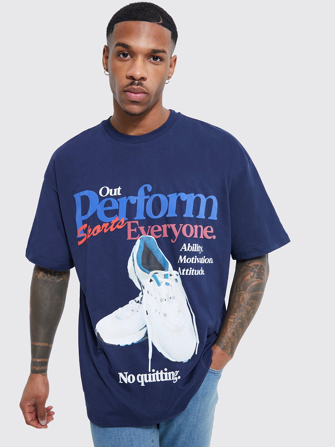 

boohooMAN Pure Cotton Printed Drop-Shoulder Sleeves Oversized T-shirt, Blue