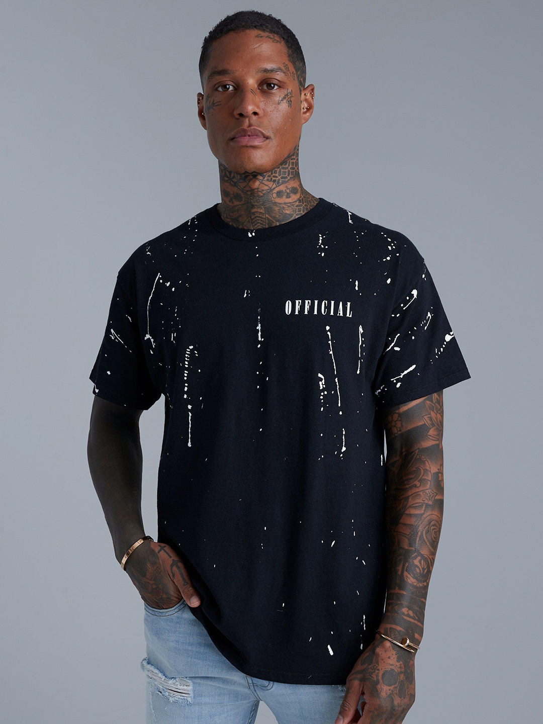 

boohooMAN Printed Drop-Shoulder Sleeves Pure Cotton Oversized T-shirt, Black