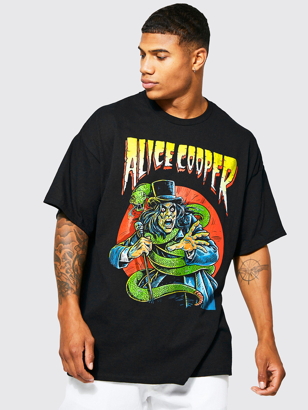 

boohooMAN Oversized Alice Cooper Printed Pure Cotton T-shirt, Black